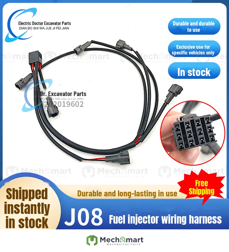 Excavator parts Kobelco SK250/200/260-8 engine J08 injector wiring harness plug injector cable
