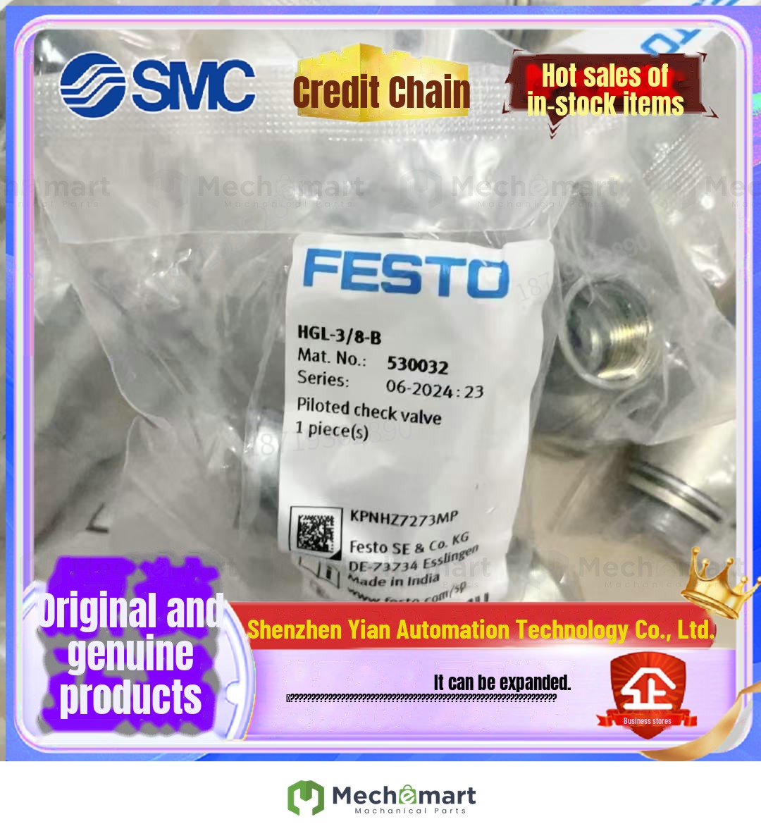 FESTO pilot check valve HGL-1/8-1/4-3/8-1/2-B-QS-4-6-8-10-12-B